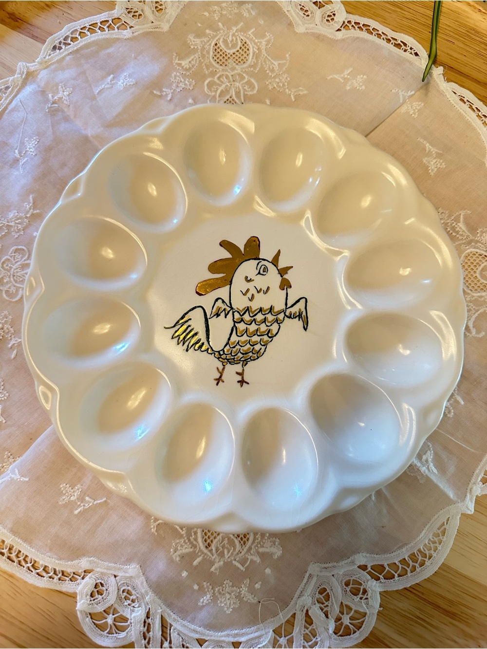 Vintage Hand Painted Chicken Deviled Egg Plate Folk Art Signed 1969